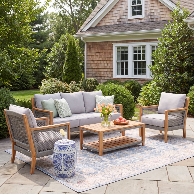 Wallace 76.25'' Wide Rectangle Teak Patio Sofa with Cushions, Beige