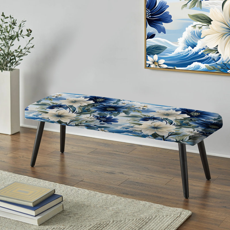 Coastal Blues White Flowers Blooms I - Floral Upholstered Black Bench