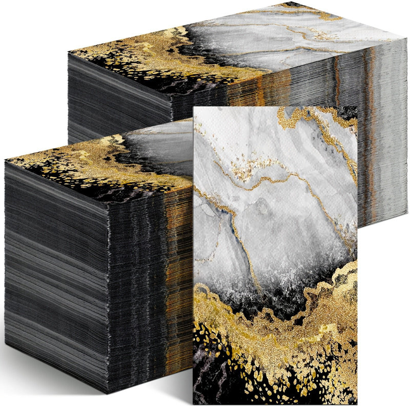 House Of Avana 200 Pcs Blue Floral Paper Hand Towels, Marble, 4.33'' x 7.87'', Black/White