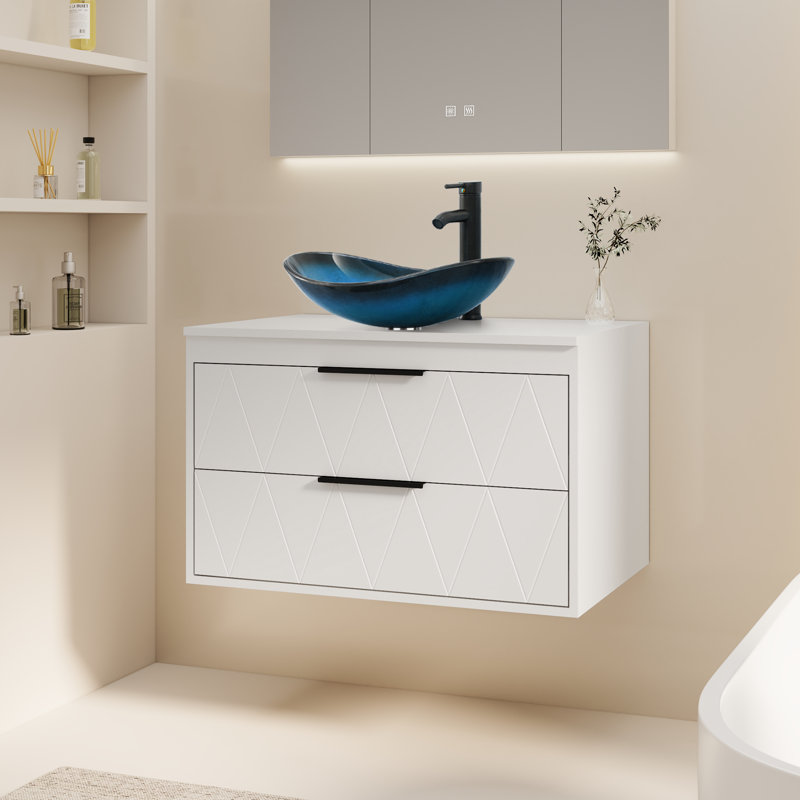 Ensemble de meuble-lavabo mural simple 30 po avec lavabo vasque en céramique Sharee, comptoir en bois manufacturé, robinet et bonde Sharee
