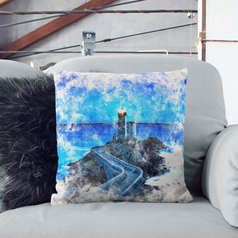 Lighthouse and Seascape in France Watercolour Cushion with Filling, 55cm H x 55cm W x 20cm D, Stone