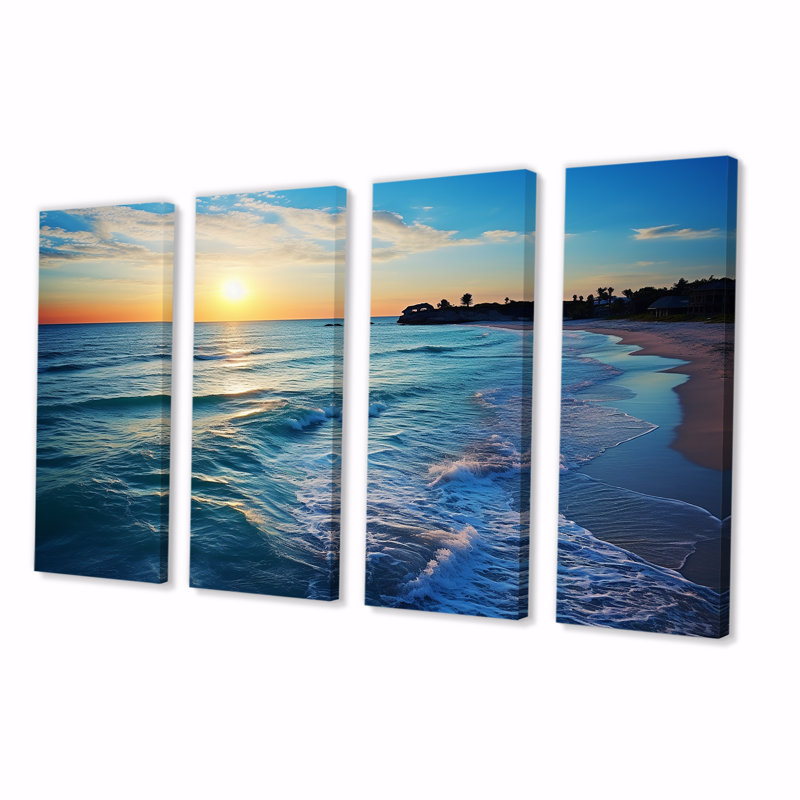 «Tranquil Shores Sunset Beach Horizon V - Coastal Beach», art mural 4 pièces pour le salon, H 32 po x l 64 po