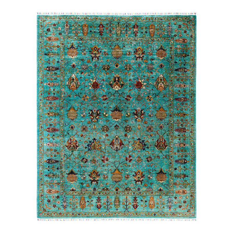 Tapis unique noué à la main Tribal - vert, 8 pi 1 po x 10 pi 3 po