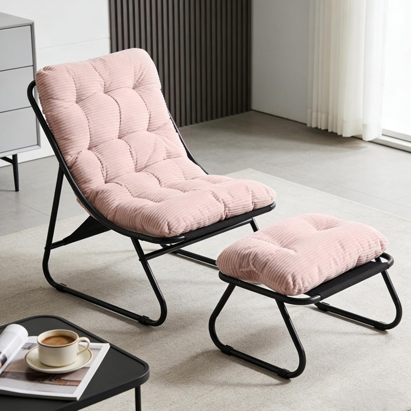 Chaise longue d'extérieur avec repose-pieds et coussins, Velours côtelé rose