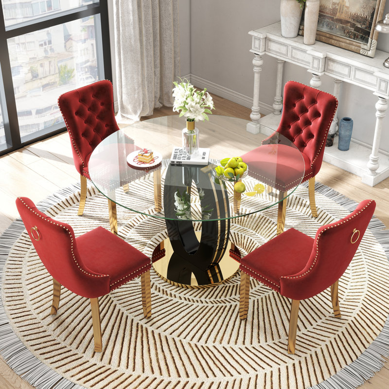 Ensemble de table de salle à manger haute brillance ronde avec 4 chaises de salle à manger en velours, Rouge, Noir et or