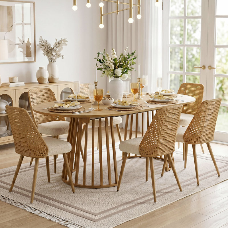 6 - Person Dining Table Sets With Extendabe Oval Table & 6 Upholstered Fabric Dining Chairs, 7 Pieces: Table, 6 Chairs