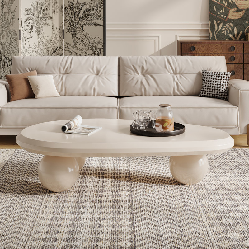 Table basse Minimalist Spherical Base - Table d'appoint Mid-Century, Crème, Blanc