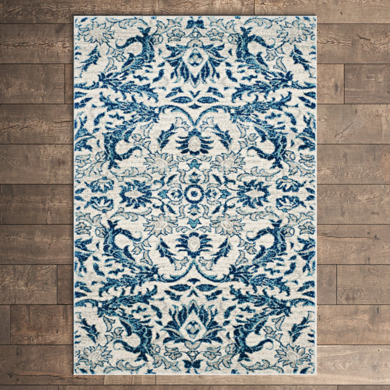 Tapis à motif floral ivoire / bleu Alessia, Rectangle de 5 pi 3 po x 7 pi 6 po
