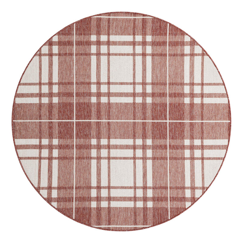 Tereon Plaid Machine Made Power Loom Polypropylene Plastic Indoor/Outdoor Area Rug in Red/White, Round 6'1"