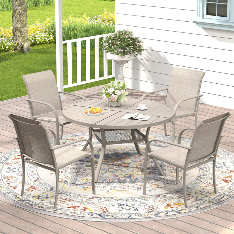 4-Person Patio Dining Set with Round Dining Table and 4 Stackable PVC-coated polyester Armrest Chairs, Cream/Sandshell