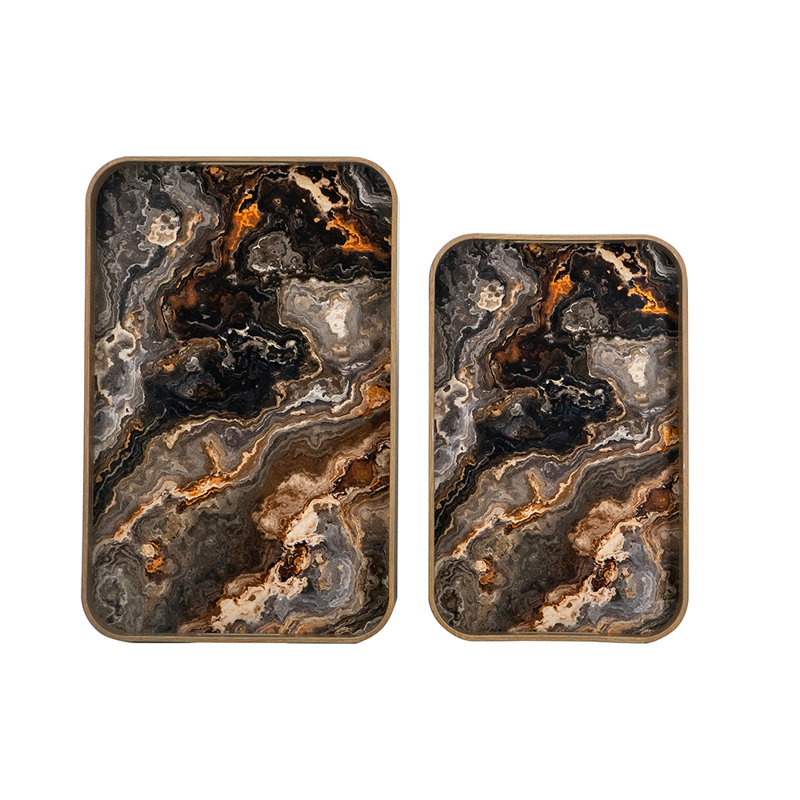 S/2 Rectanglular Glass And Plastic Trays With Multicolored Marbled Motifs L:13X20X2" S:10.5X16.5X2", Bronze​/Black​​ Marble