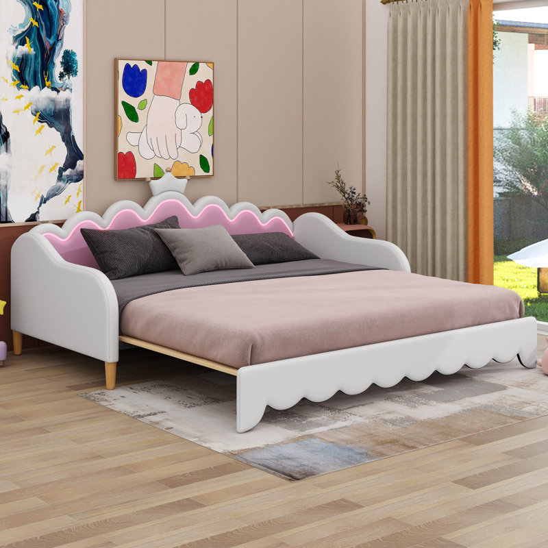 Twin Extending Modern Upholstered Princess Daybed With Crown Headboard And LED Lights, White