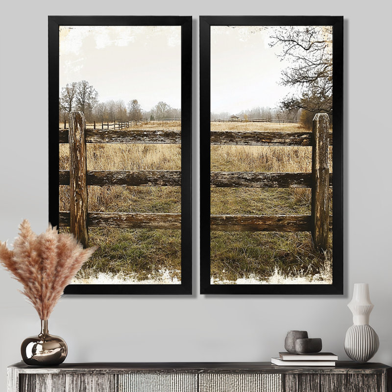 Gris et brun, ferme, paysage, clôture rustique, H 20 po x l 24 po, Impression encadrée, Noir