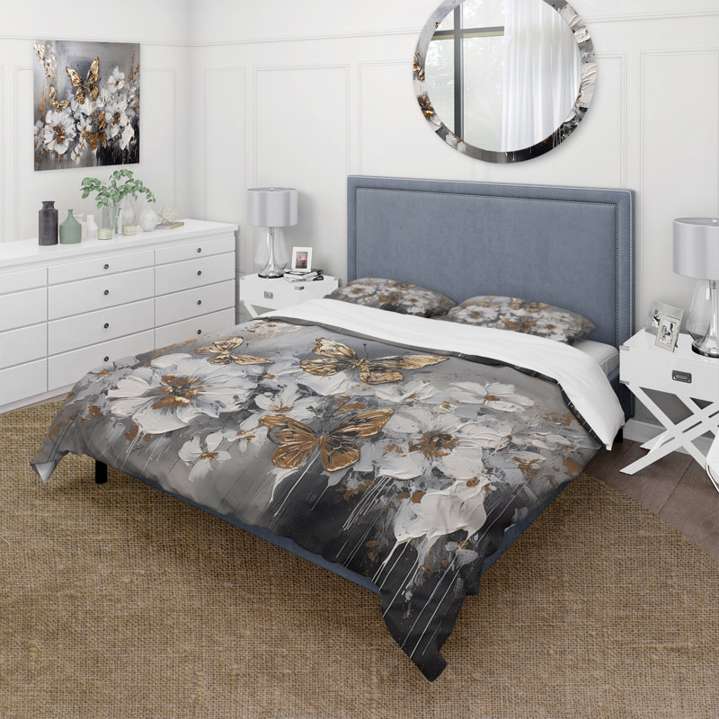 Ensemble de housse de couette Golden White Butterfly Wings And Flowers I BeddingMicrofiber / Polyester