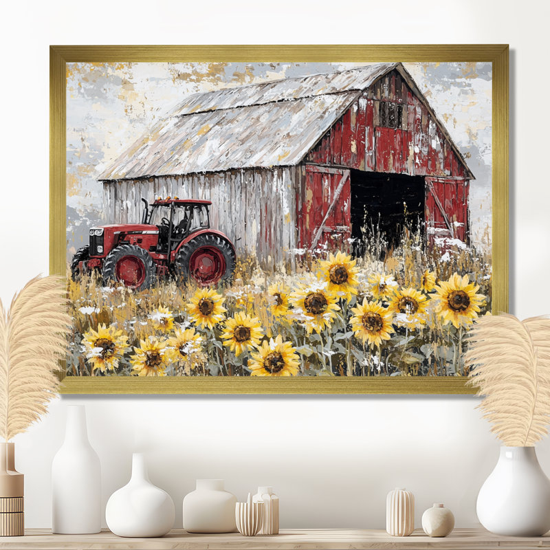 Winter Sunflowers And The Tractor Shed - Sunflowers, reproduction d'art sur toile encadrée, H 34 po x l 44 po, Doré