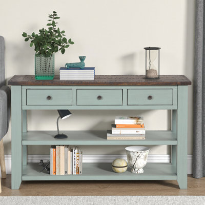 48'' Solid Pine Wood Top Console Table – Modern Entryway Sofa Side Table with 3 Storage Drawers & 2 Shelves, Brown Vintage Design for Living Room or Hallway