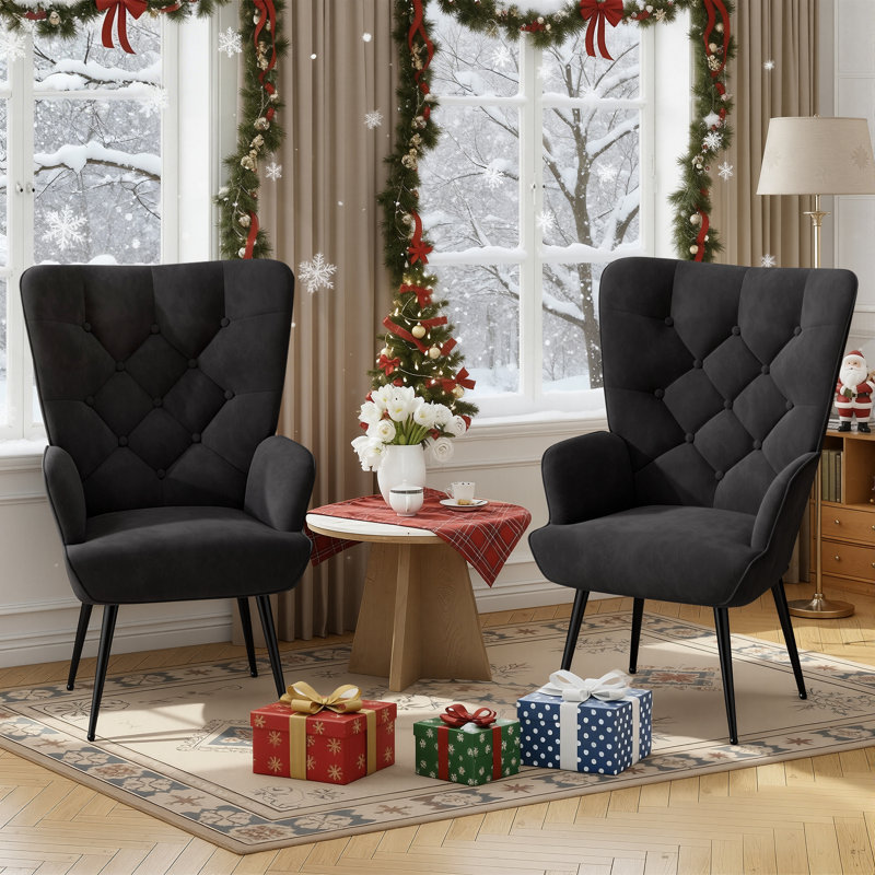 Bastoam 50Cm Wide Tufted Velvet Wingback Chair, Black;2-Piece Set