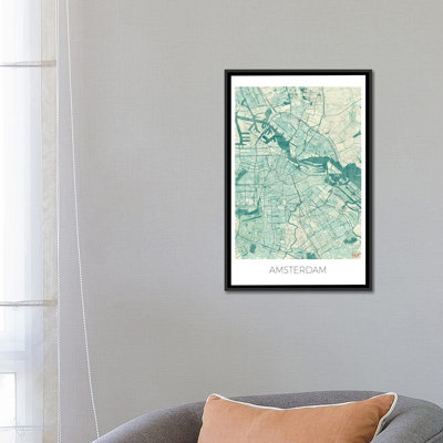 «Amsterdam Vintage Blue Watercolor Urban Blueprint Map», reproduction d'impression sur toile