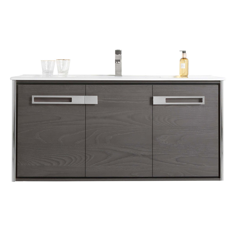 48'' Single Bathroom Vanity with Vitreous China Top, Black Coal Oak, Polished Chrome