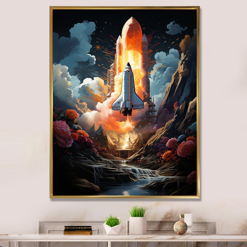 Lancement de la Navette spatiale moderne I sur toile, Cadre flottant doré, H 20 po x l 12 po x P 1 po