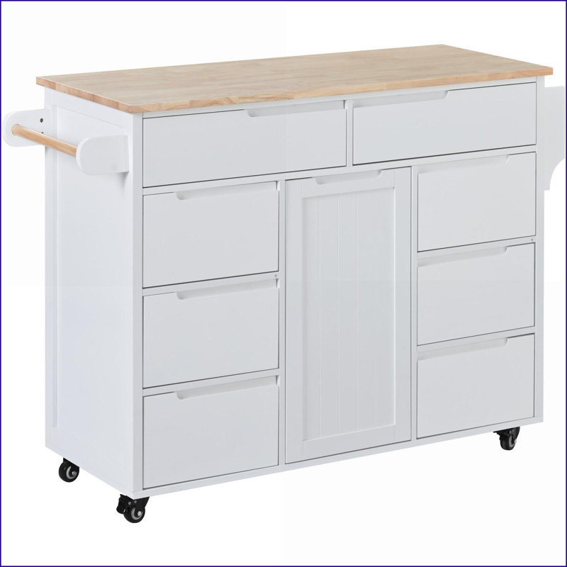 Kitchen Cart with Rubber Wood Countertop | 8 Handle-Free Drawers, Flatware Organizer | Snow White | MDF, White
