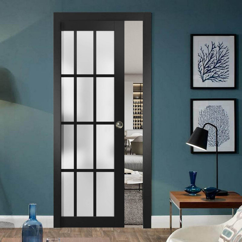 Porte coulissante à galandage avec vitrage dépoli 12 carreaux Felicia 3312, noir mat, ensemble de garnitures, quincaillerie, bois massif, intérieur de chambre, portes robustes - 91,4 cm x 243,8 cm