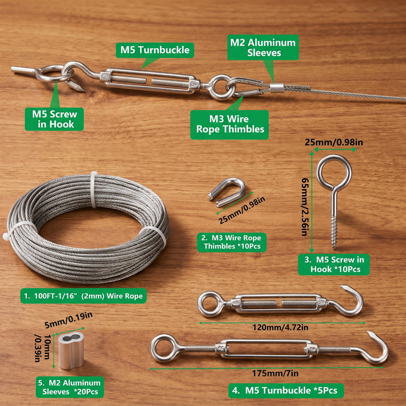 Ensemble de câbles de 100 pi en acier inoxydable 304 revêtu de vinyle de 100 pi, ligne de suspension polyvalente antirouille pour guirlandes de patio, corde à linge, treillis pour plantes grimpantes et cordons de rideau