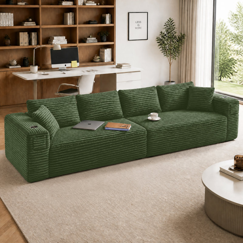142" Modern Deep Seat Corduroy Upholstered Sofa Couch with Oversized Cushions, Green