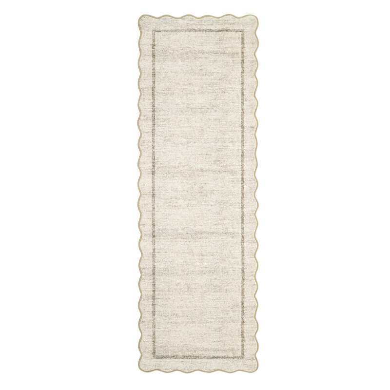 Scalloped Area Rugs Non-Slip Bordered Floor Mats, Non-Shedding Soft Low Pile Modern Accent Rugs, Washable Farmhouse Indoor Carpet for Living Room, Bedroom, Office