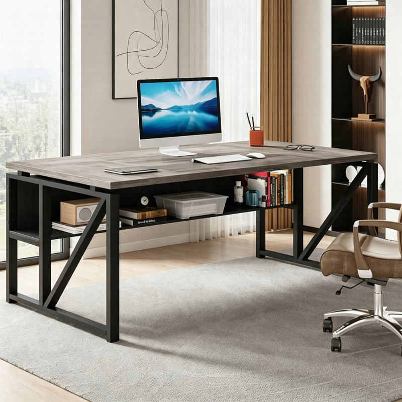 63" Computer Desk Writing Table With Bottom Storage Shelf, Metal Frame Home Office Desk, Gray, 29.94" H x 62.65" W x 31.13" D