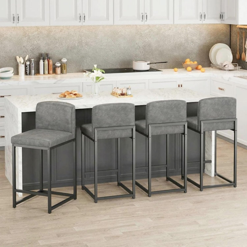Ensemble de 4 tabourets de bar modernes en cuir de polyuréthane - Tabourets de bar à hauteur de comptoir de 24 po avec dossier, chaises d'îlot de cuisine en métal rembourrées, gris