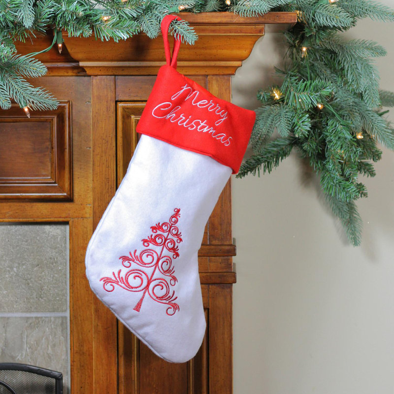 Chaussette de Noël 15,5 "blanche et rouge avec manchette