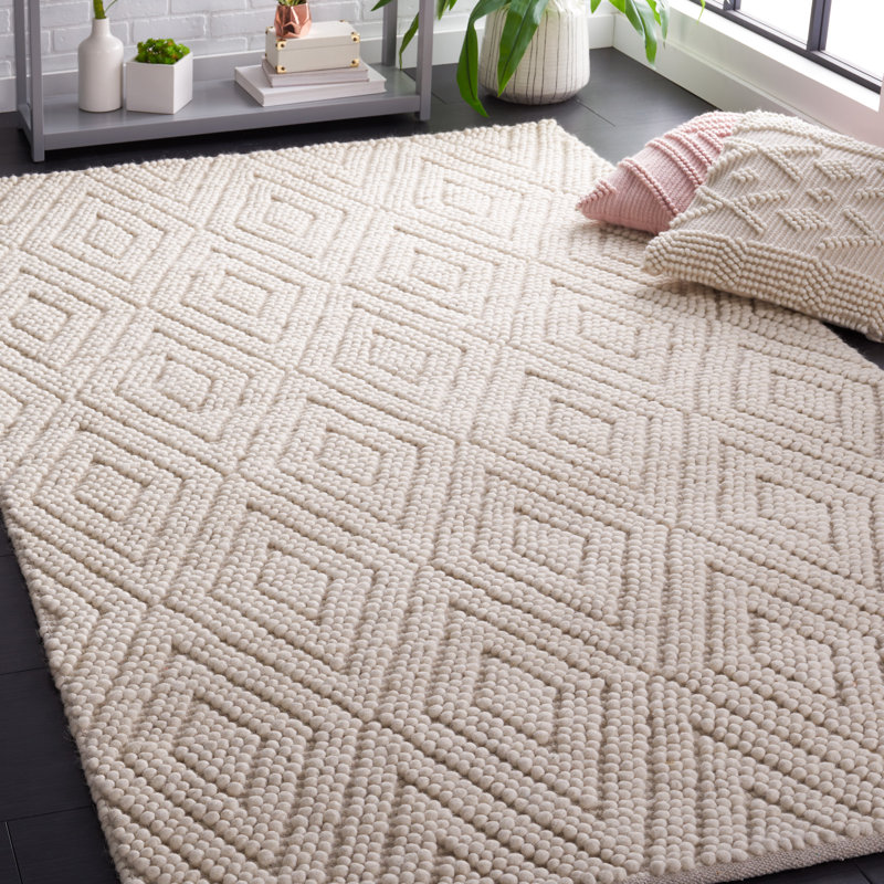 Tapis de couleur unie en laine tissé à la main en ivoire, Rectangle 3 pi x 5 pi