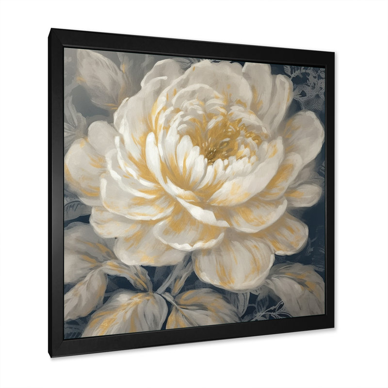 Émotion de pivoine blanche et or III - impression, Cadre photo noir, H 16 po x l 16 po x P 1 po