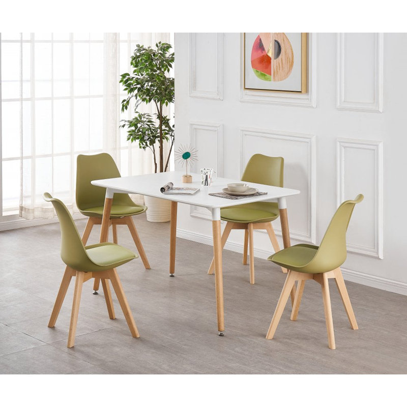 Zane 4 Person Modern Dining Table Set, White, Lime Green