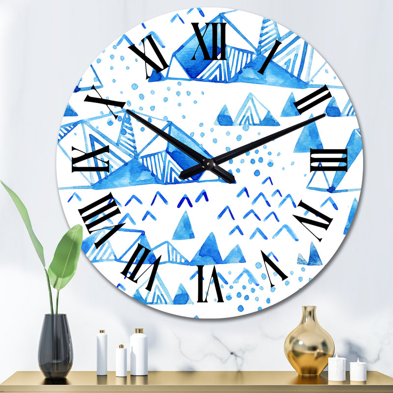 Triangular Light Blue Geometrics on White I - Patterned Wall Clock, Large