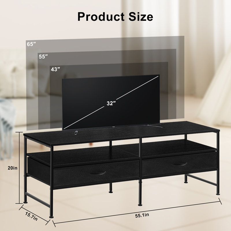 TV Stand with Power Strip, Black, Black