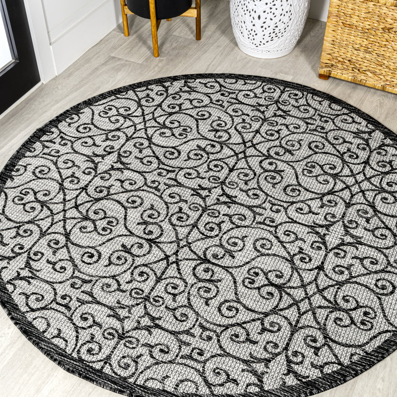 Deronte Vintage Filigree Textured Weave Light Gray/Black Indoor/Outdoor Rug, Round 5'3"