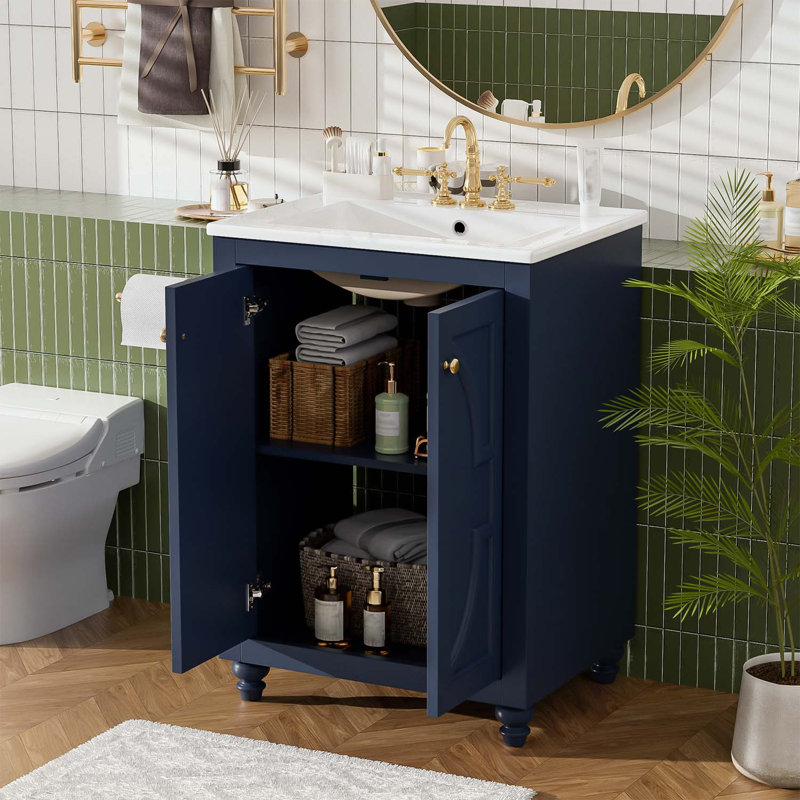 Modern Bathroom Vanity with Ornate Elliptical Motif,Soft-Close Hinges, Blue