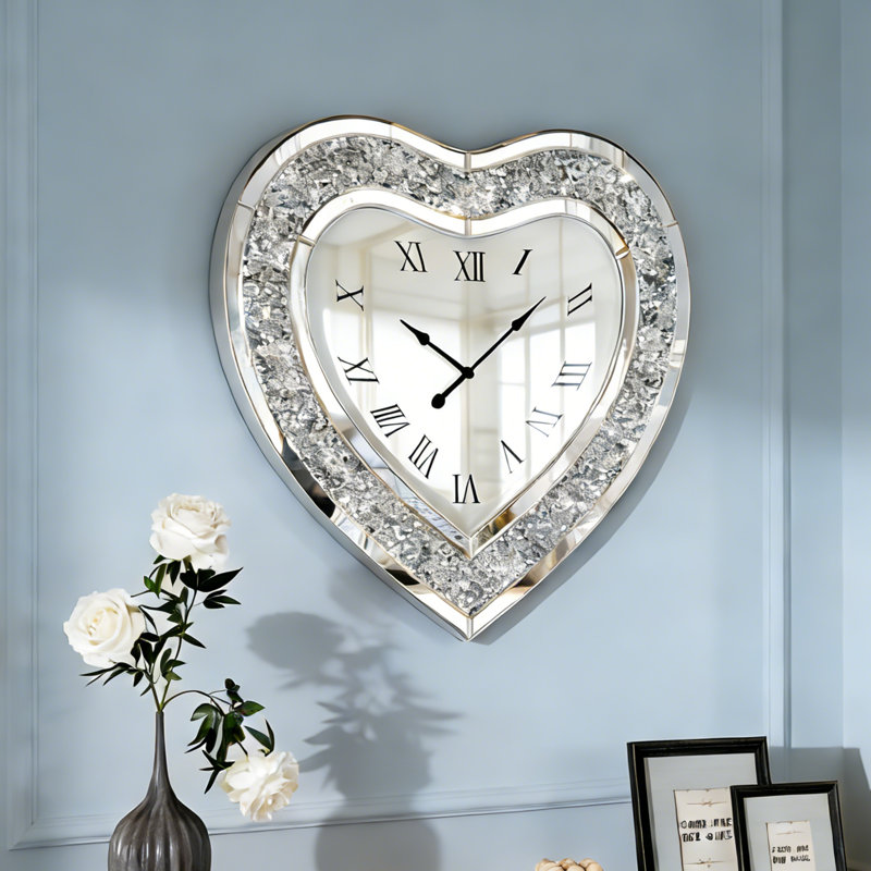 Bashira Glass Mirrored Wall Clock Heart Diamond Accent Clock