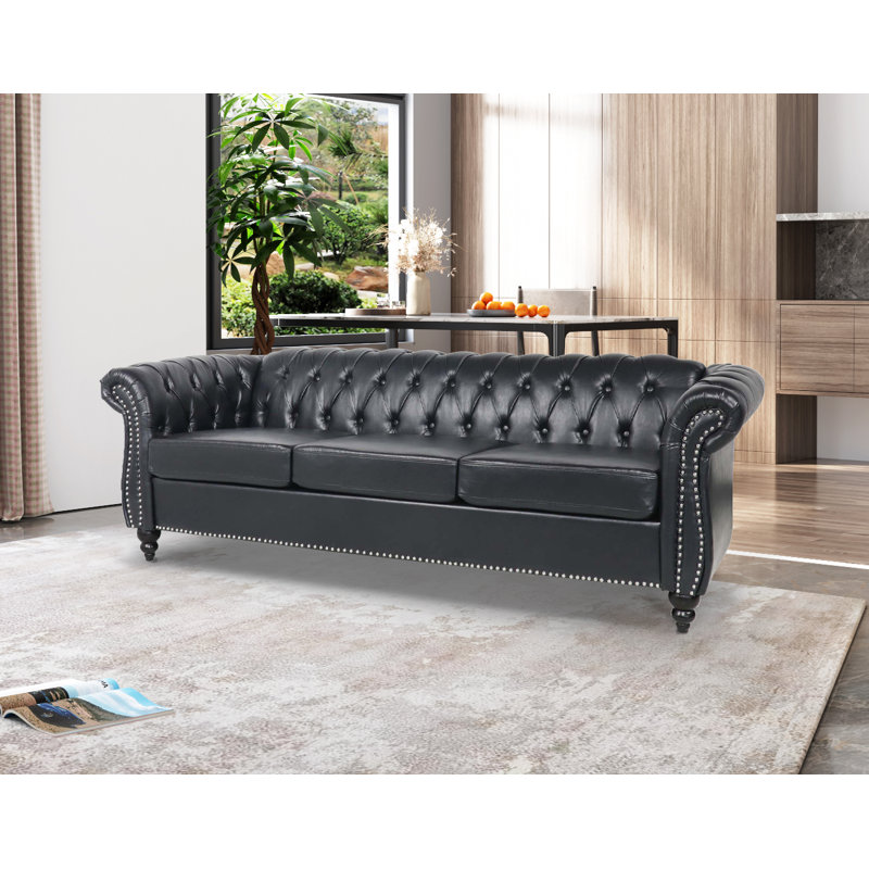 Annalena 84.65'' Faux Leather Sofa, Black Faux Leather