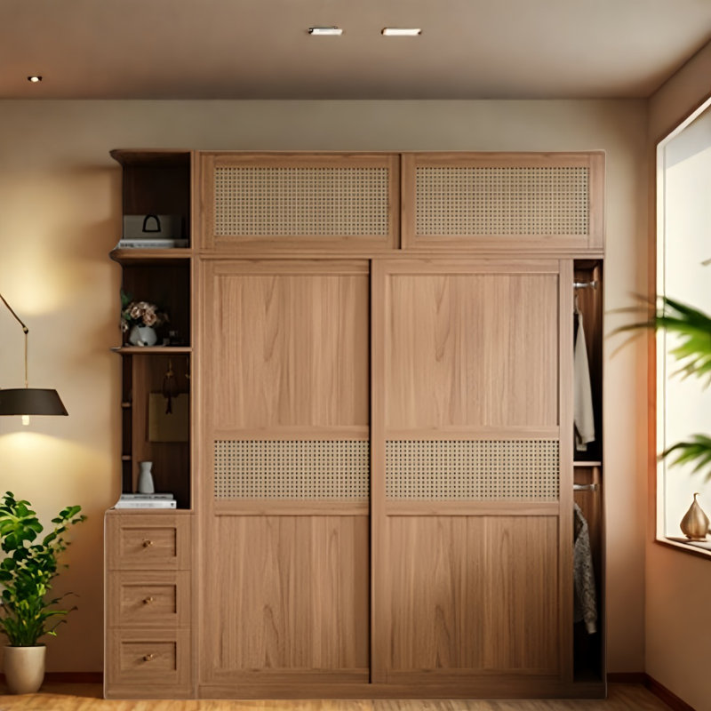 Armoire rétro en rotin tissé classique, H 97,64 po x l 70,87 po x P 23,62 po