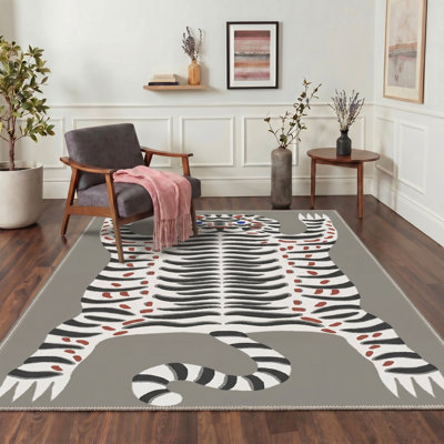 Abidi Funky Tiger Animal Print Machine Washable Grey / Ivory Indoor Area Rug with Non-Slip Backing