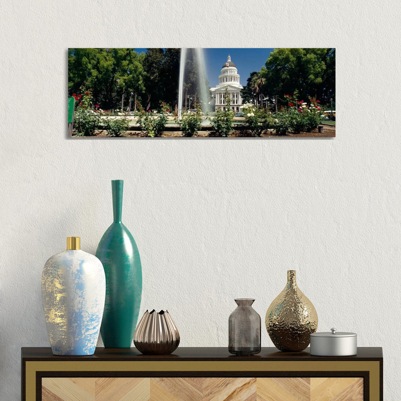 Fountain in a garden in front of a state capitol building, Sacramento, California, USA 1 Piece Wrapped Canvas Panoramic Wall Art