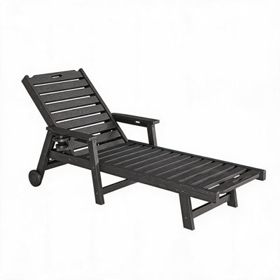 Chaise longue d'extérieur en bois PEHD avec roulettes, porte-gobelet et accoudoirs, chaise longue de piscine inclinable à 5 positions et supportant 500 lb pour la terrasse, la cour et le bord de la piscine, gris foncé