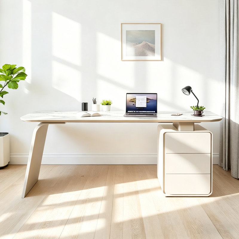 Modern Executive Desk with 3 Drawer Storage & Cable Management , 70.87" L x 29.53" W x 29.53" H White Marble Stone Top with Asymmetric Cantilever Base for Computer Office