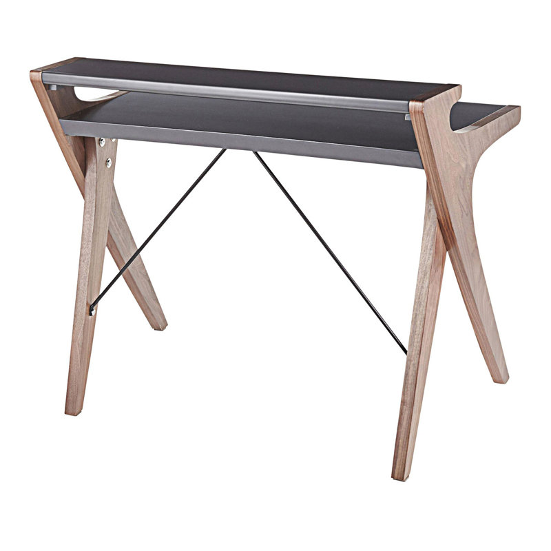 Medium Walnut and Grey Wood Desk with Hutch