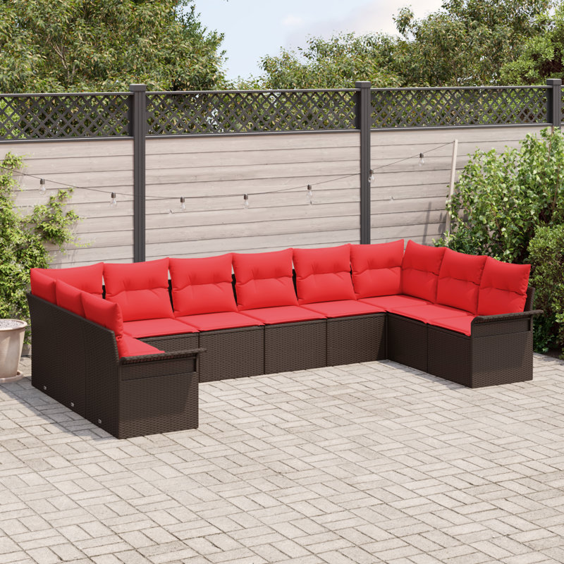 Ensemble de canapé de jardin avec coussin vidaXL 10 pièces, Structure brune / coussin rouge