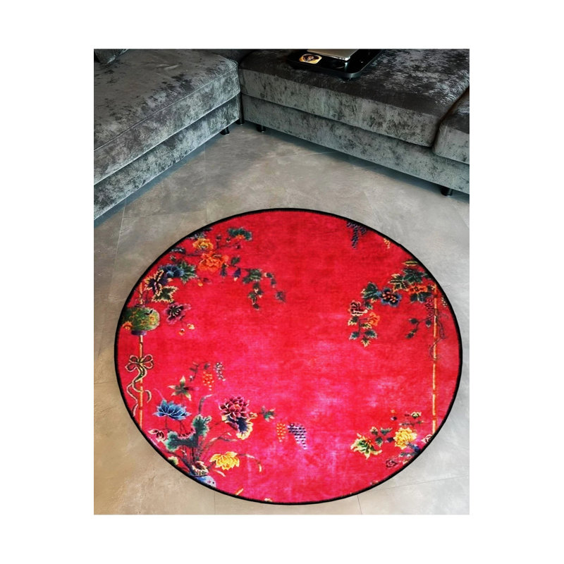 Colorful Branch And Flower Detailed Woven Base Modern Decorative Carpet, Round 4'