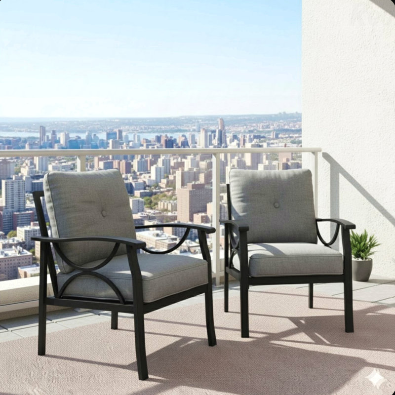 Ensemble de 2 fauteuils en métal toutes saisons, structure noire avec coussins gris, Gris, Noir